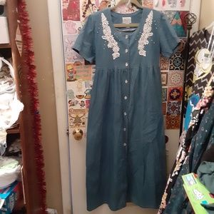 VTG 90s Pado M Cotton Denim Button Empire Tie Waist Lace Bejeweled Teacher Dress